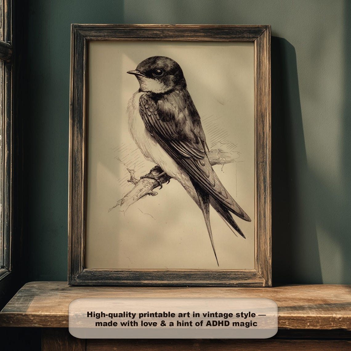 Vintage Barn Swallow Ink Drawing Perched Bird Nature Sketch Poster