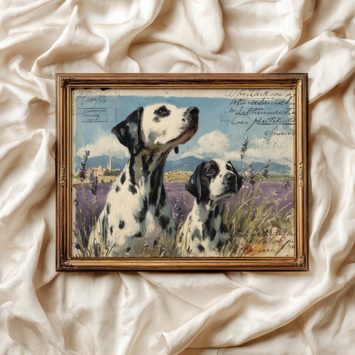 Vintage Dalmatian Dogs Standing In Provence Lavender Field Art Print