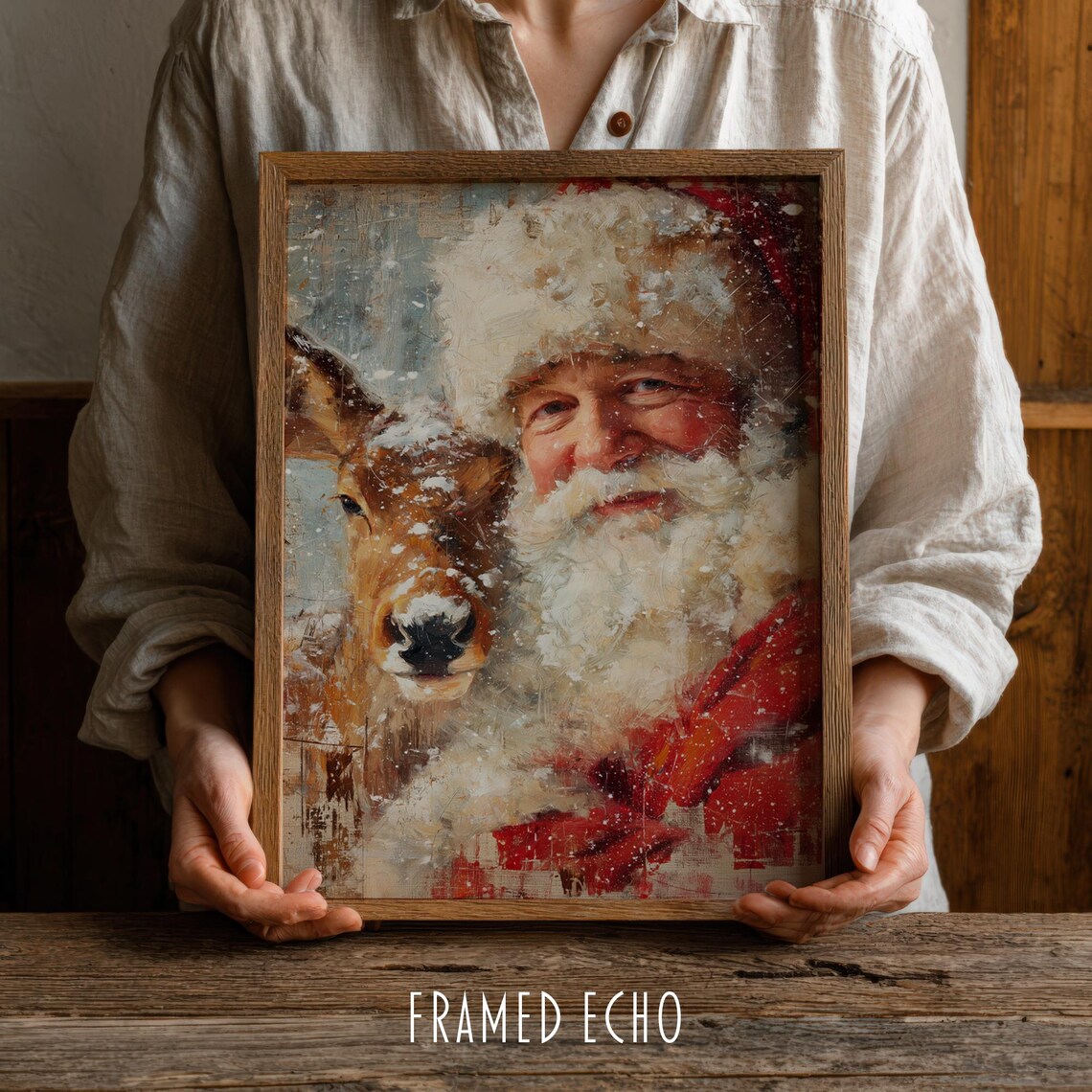 Vintage Santa Claus Reindeer Snowy Night Oil Painting Poster