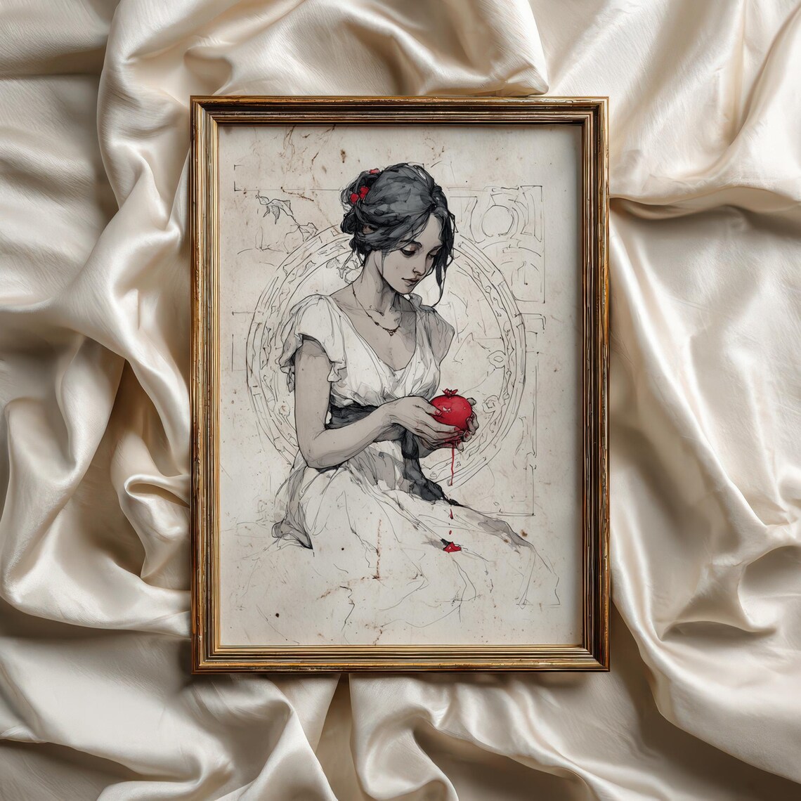 Persephone Illustration Print Pomegranate Greek Myth Art Moody Bookish Wall Decor Ink Drawing