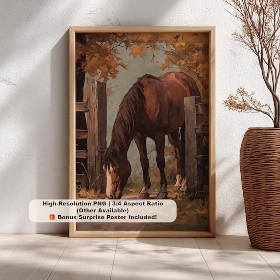 Brown Horse Grazing by Wooden Fence Autumn Leaves Equestrian Poster