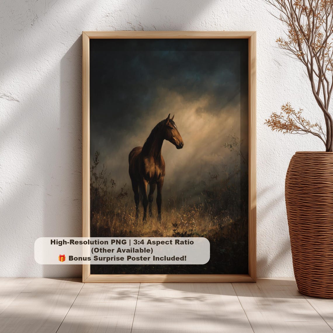 Chestnut Horse Under Stormy Sky Dramatic Equestrian Painting Poster