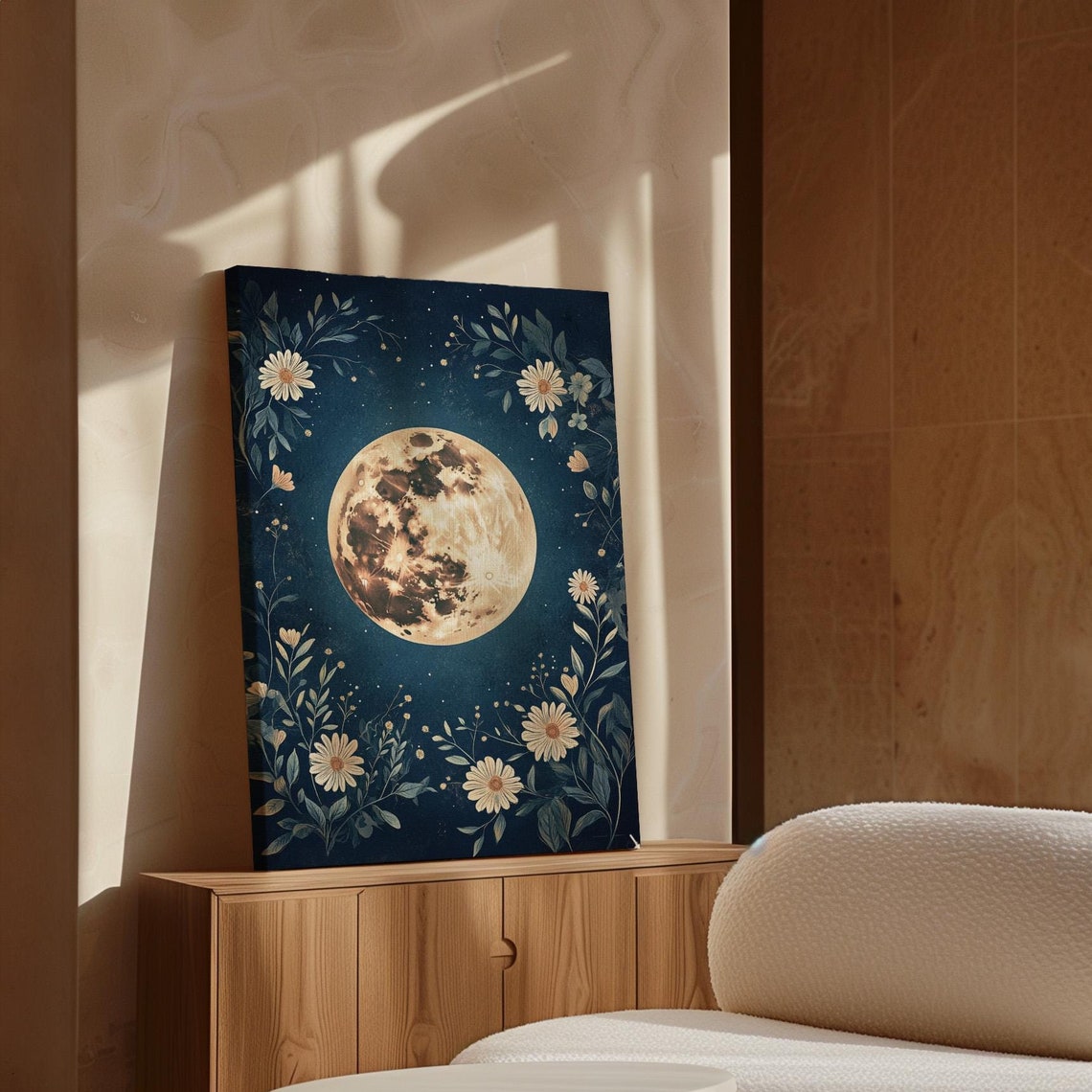 Full Moon Teal Night Sky Daisy Botanical Celestial Art Poster