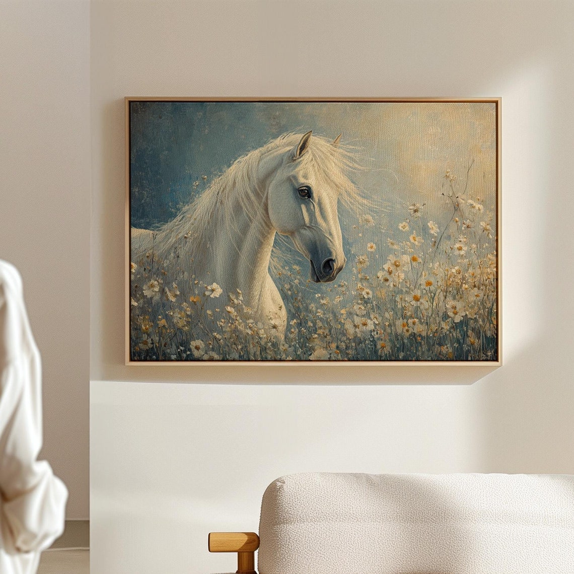 White Horse Daisy Meadow Portrait Elegant Equine Fine Art Print