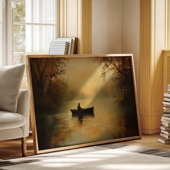 Fisherman in a Boat on an Autumn Lake with Sun Rays Tranquil Poster