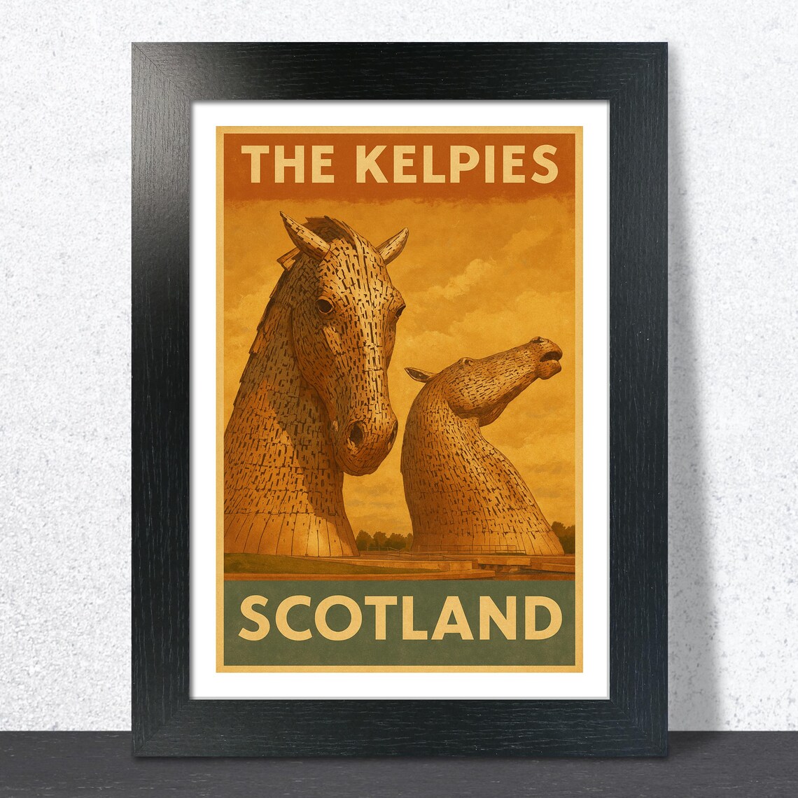 The Kelpies Scotland Travel Poster Giant Horse Sculptures Golden