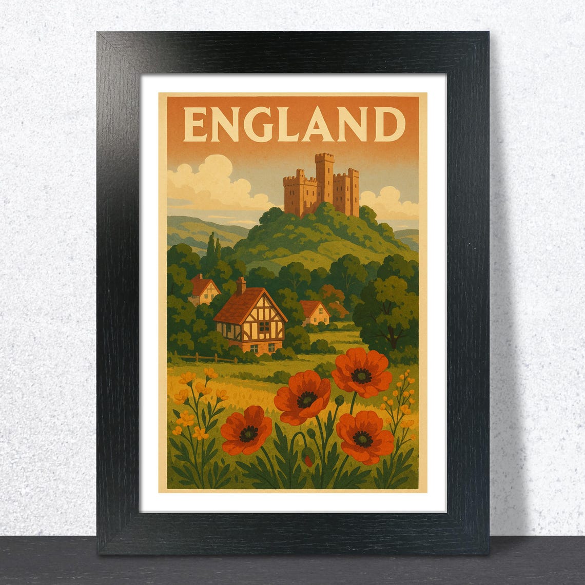 England Castle Countryside Red Poppies Vintage Travel Poster