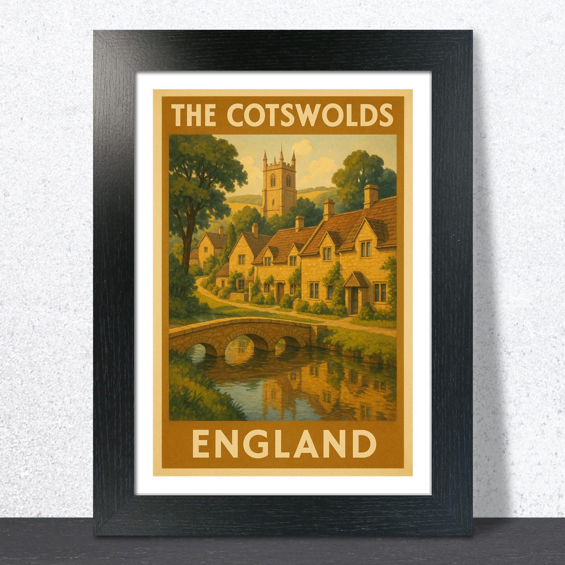 Cotswolds England Church Tower Stone Bridge Vintage Travel Poster