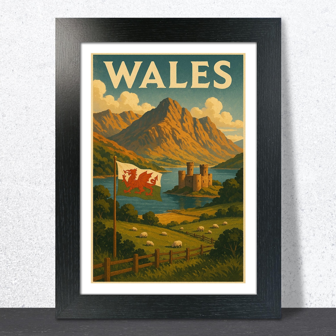 Wales Castle Dragon Flag Sheep Vintage Travel Poster Countryside