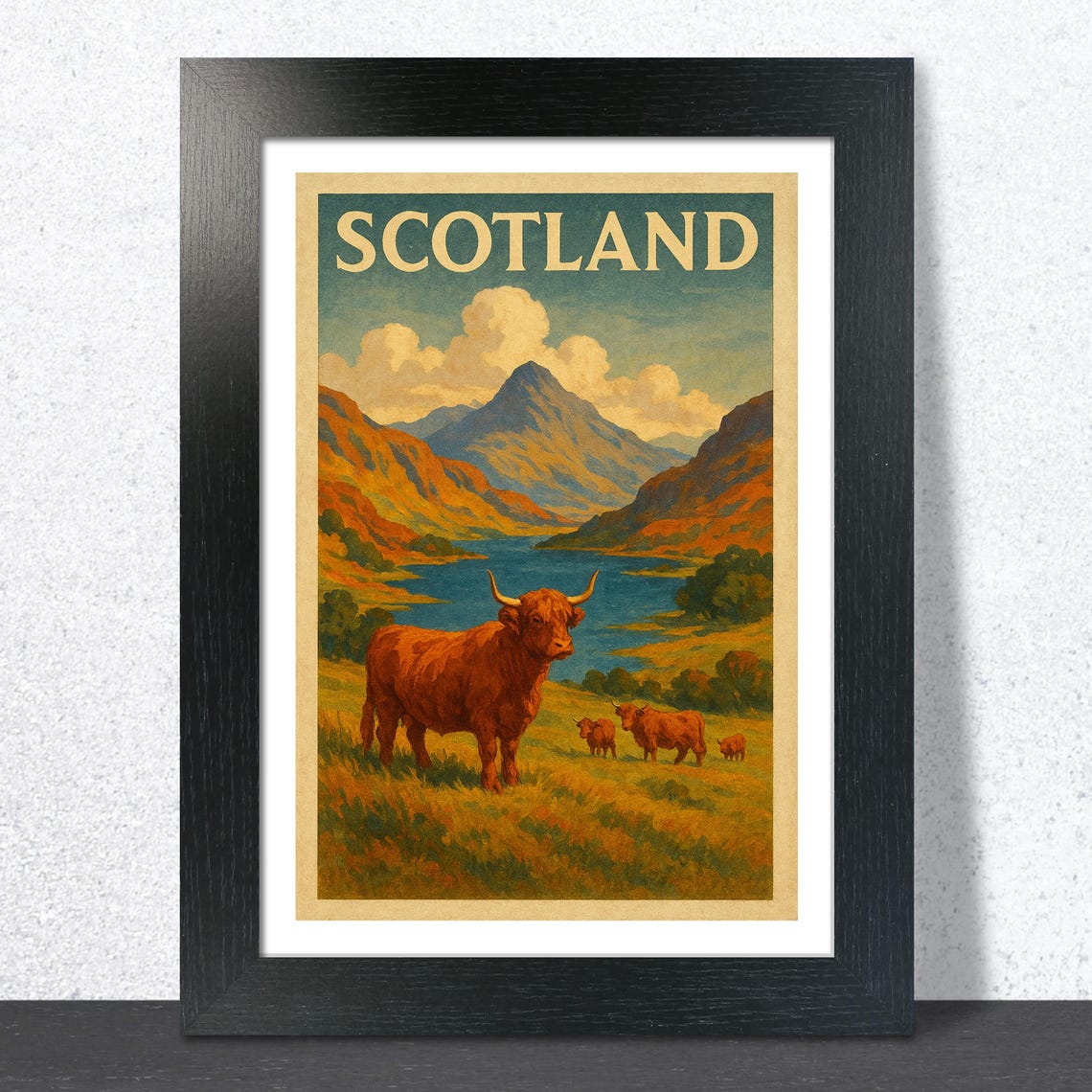 Highland Cows Loch Mountain Landscape Vintage Scotland Poster
