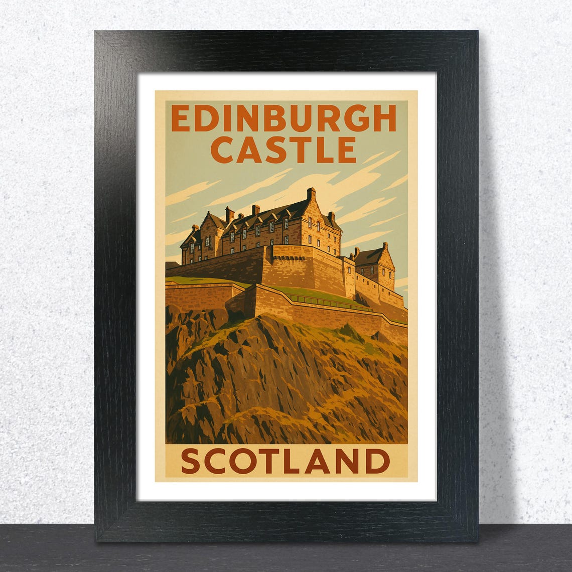 Edinburgh Castle Scotland Travel Poster Amber Sky Vintage Style