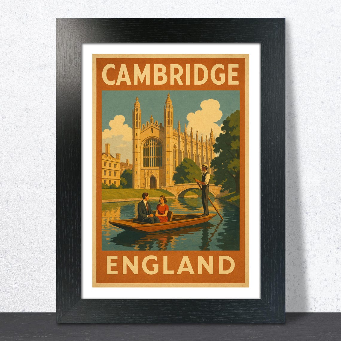 Classic Cambridge England Punting River Cam Vintage Travel Poster
