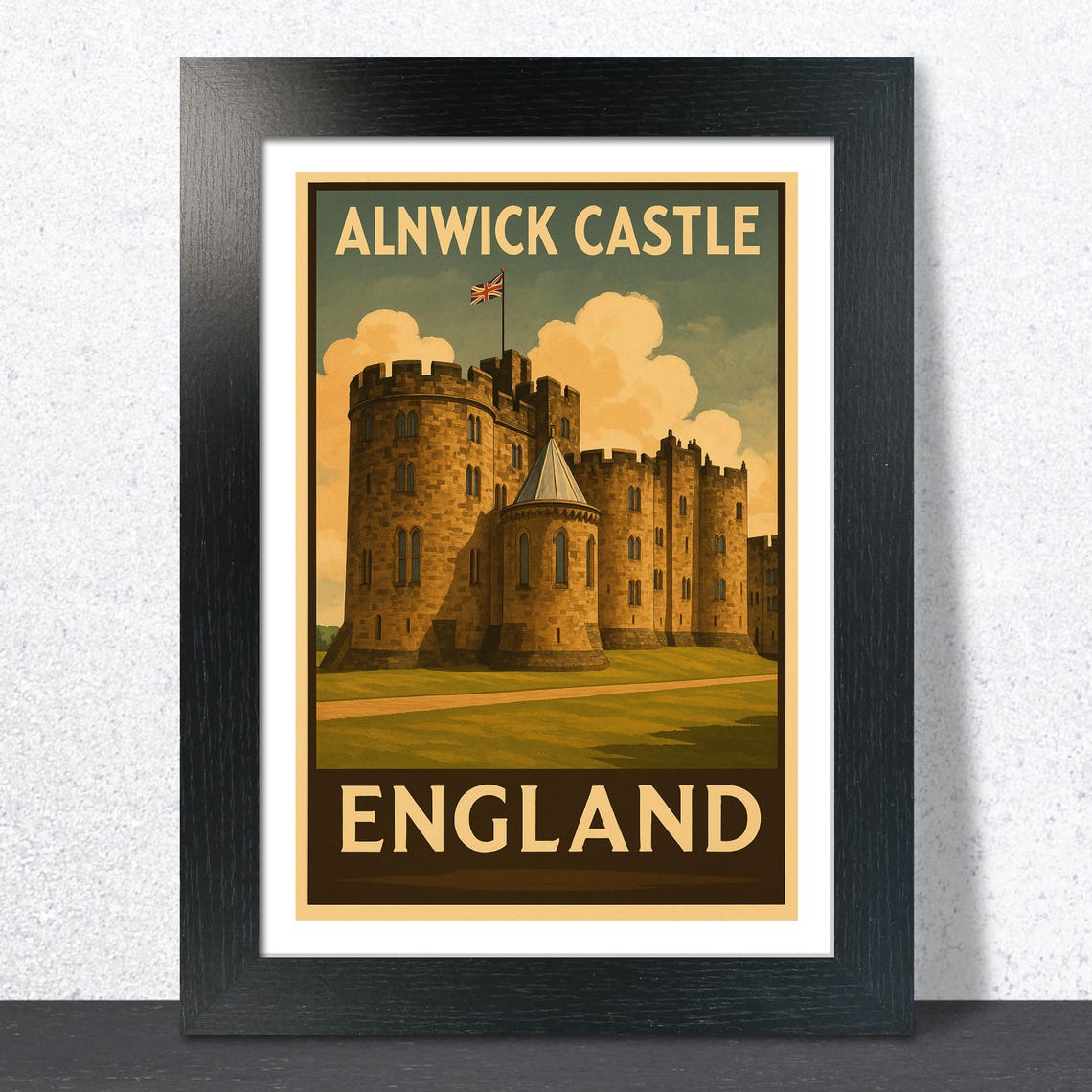 Alnwick Castle England Golden Hour Cream Background Travel Poster
