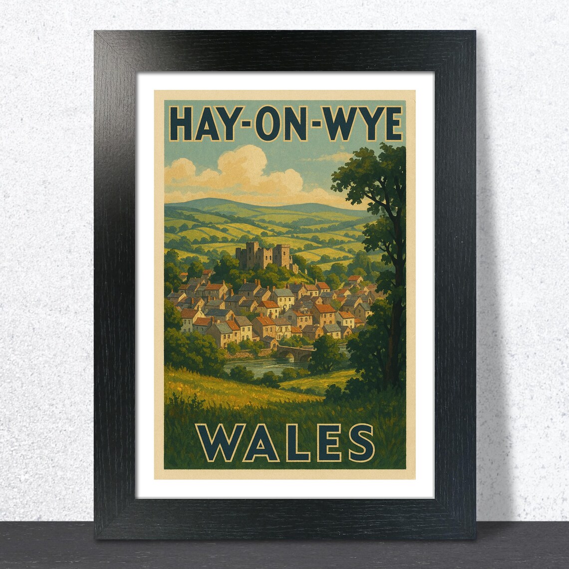 Hay-On-Wye Wales Rolling Green Hills Town Vintage Travel Poster