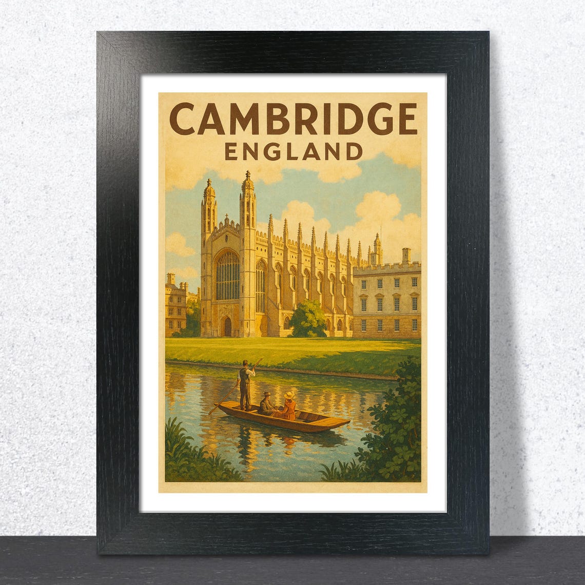 Cambridge England Chapel and Punting Vintage Travel Style Art Poster