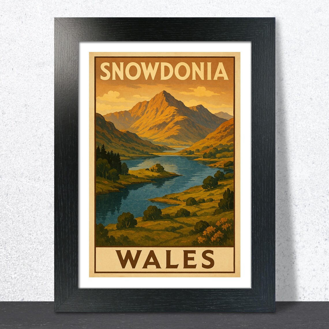 Snowdonia Wales Vintage Travel Poster Golden Mountain Lake View