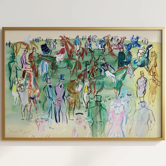 Vintage Abstract Equestrian Art French Horse Race Impressionist Print Modern Home Decor Colorful Old Money