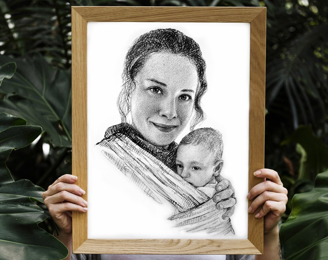 New Mom Holding Newborn Custom Pencil Portrait Sketch Art Print - Image 9