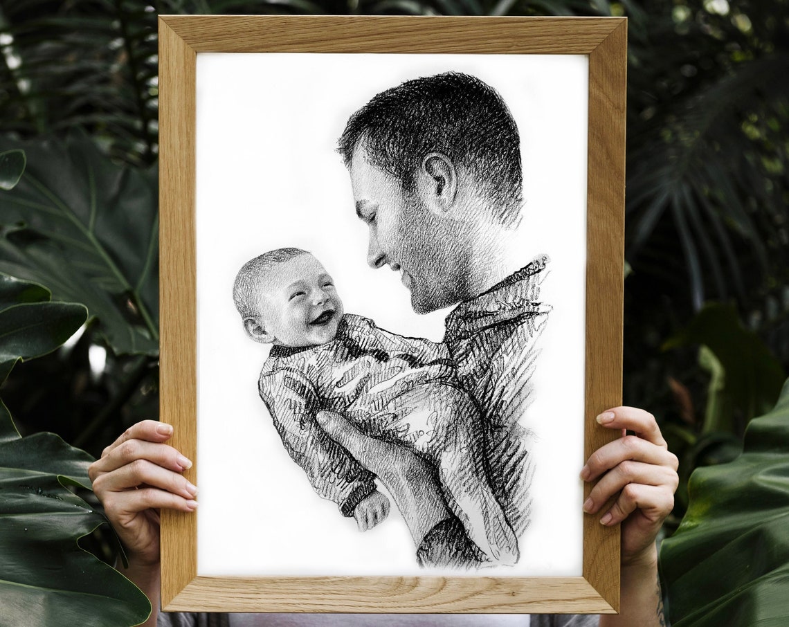 Father Holding Laughing Baby Custom Pencil Portrait Sketch Print