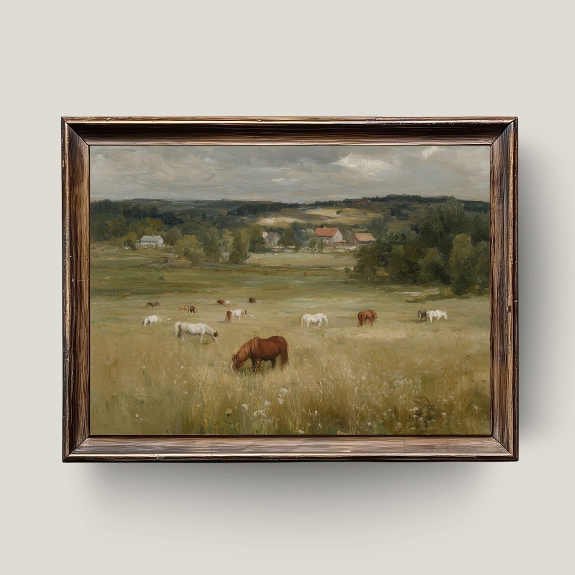Rustic Horses Meadow Oil Painting Grazing Farm Countryside Scene Poster