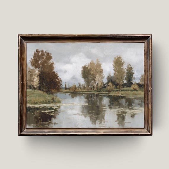Vintage Riverside Oil Painting Rustic Lake Reflection Art