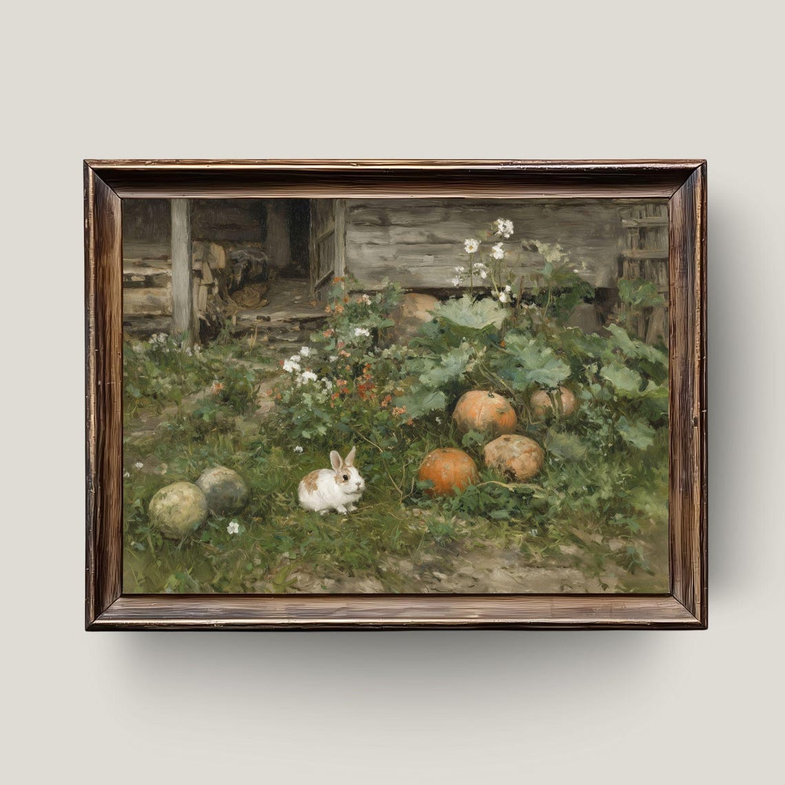 Bunny in a Pumpkin Patch Vintage Autumn Farmhouse Painting Poster