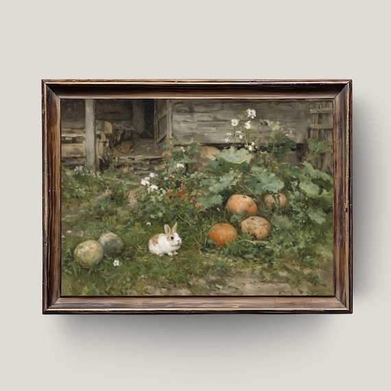 Rabbit In Pumpkin Patch Art Print Rustic Farmhouse Autumn Decor