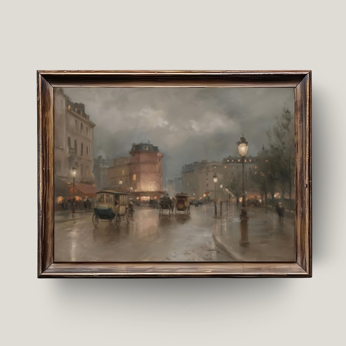 Rainy Paris Street at Night Horse Carriages Vintage French Scene Poster