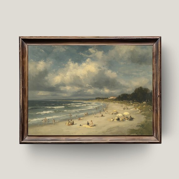 Golden Shoreline Waves Beachgoers Cloudy Sky Vintage Oil Painting Print