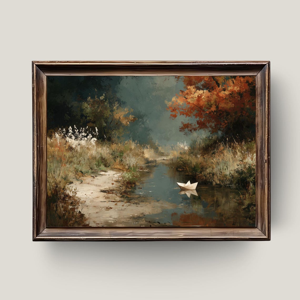 Autumn Creek Paper Boat Print Rustic Fall Landscape