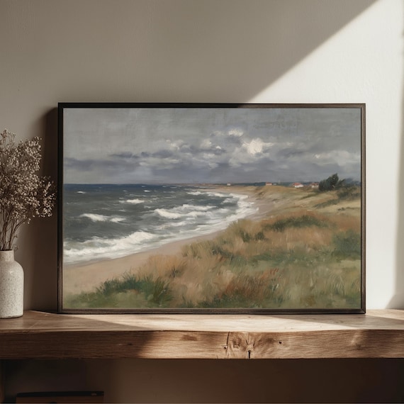 Windy Coastal Beach Waves Dunes Moody Ocean Landscape Art Poster