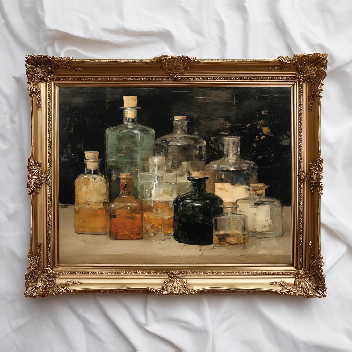 Vintage Apothecary Bottles Rustic Still Life Wall Art Amber Glass Painting Neutral Dark Academia Decor