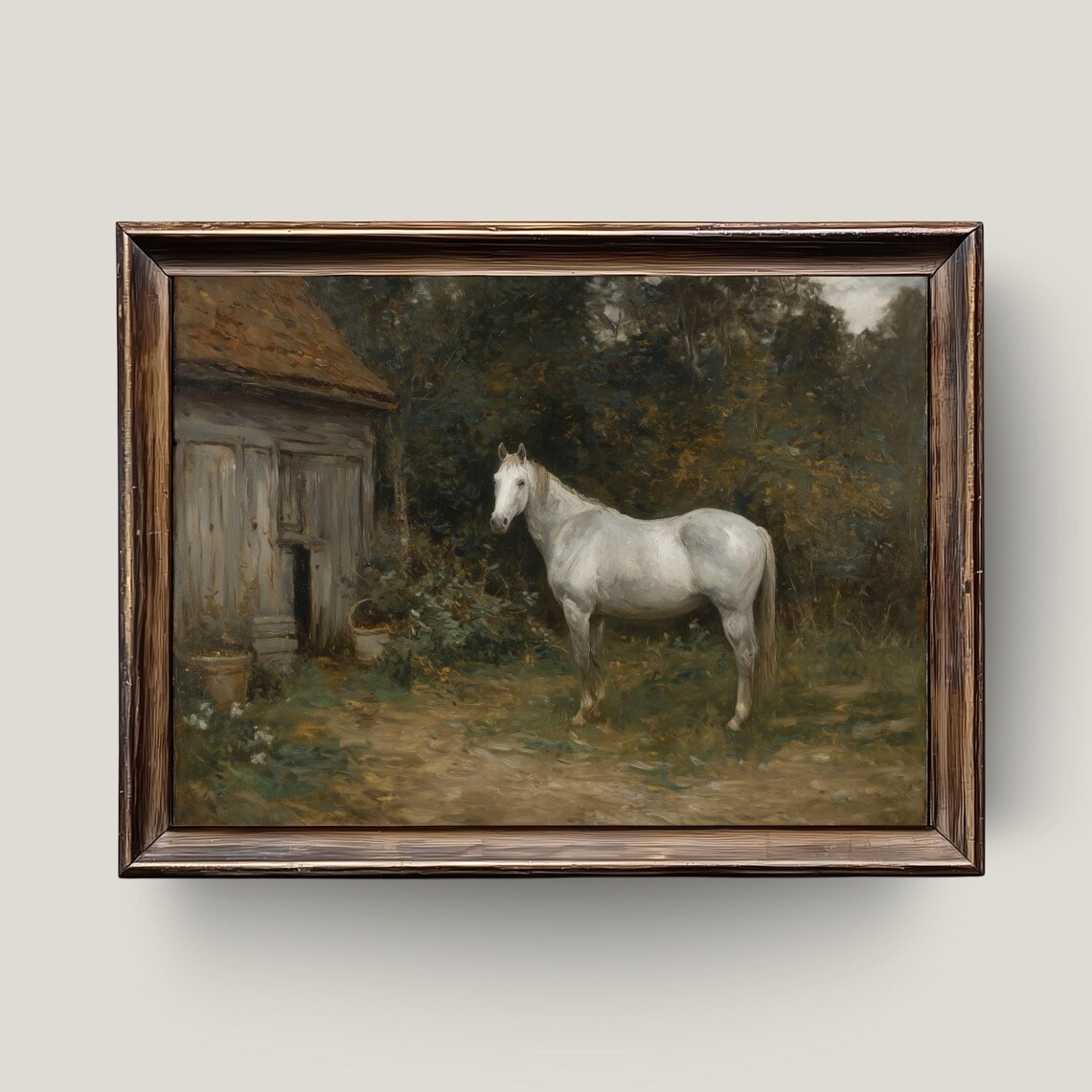 White Horse by Rustic Barn Vintage Equestrian Farmhouse Painting Poster