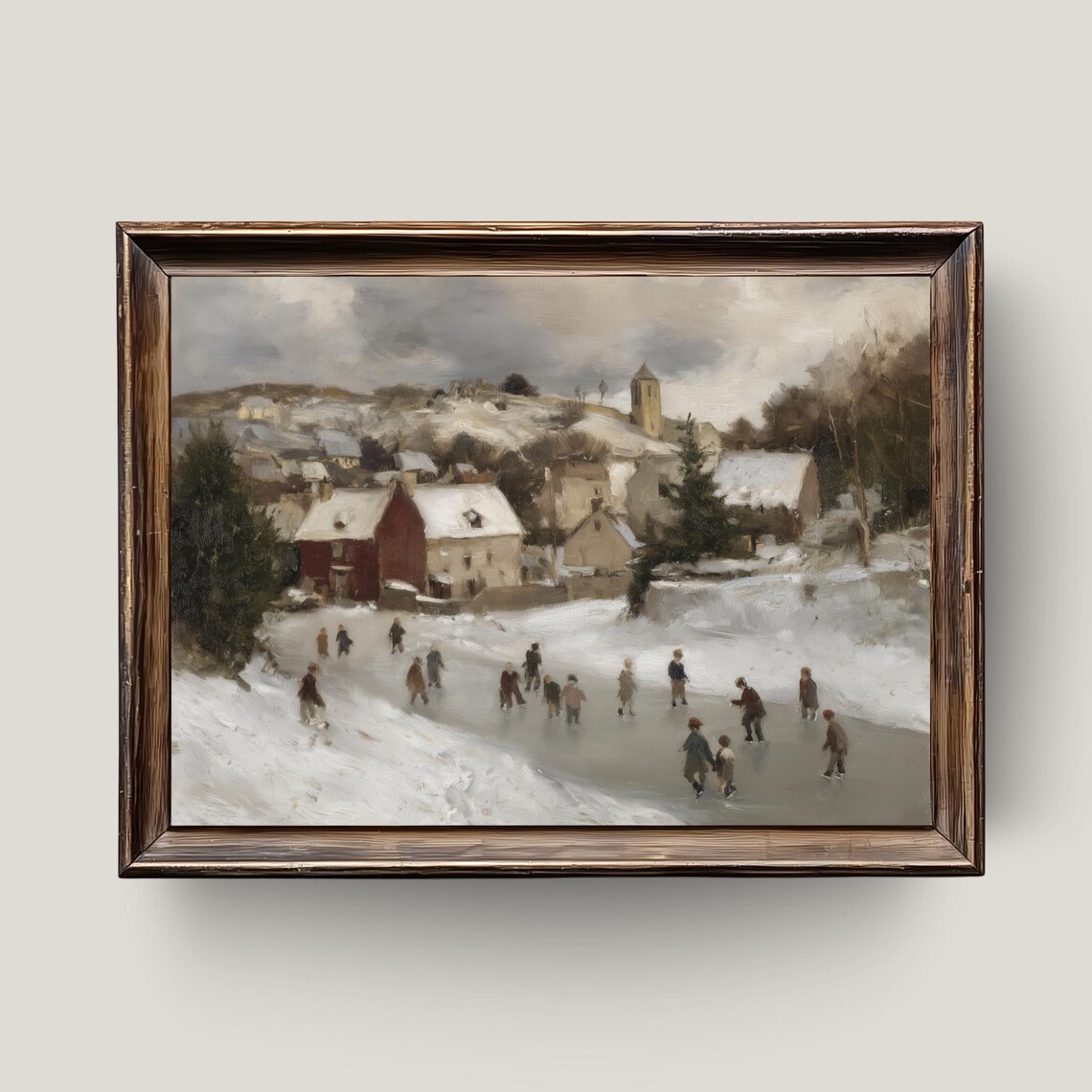 Vintage Christmas Village Winter Skaters Frozen Pond Holiday Scene Print