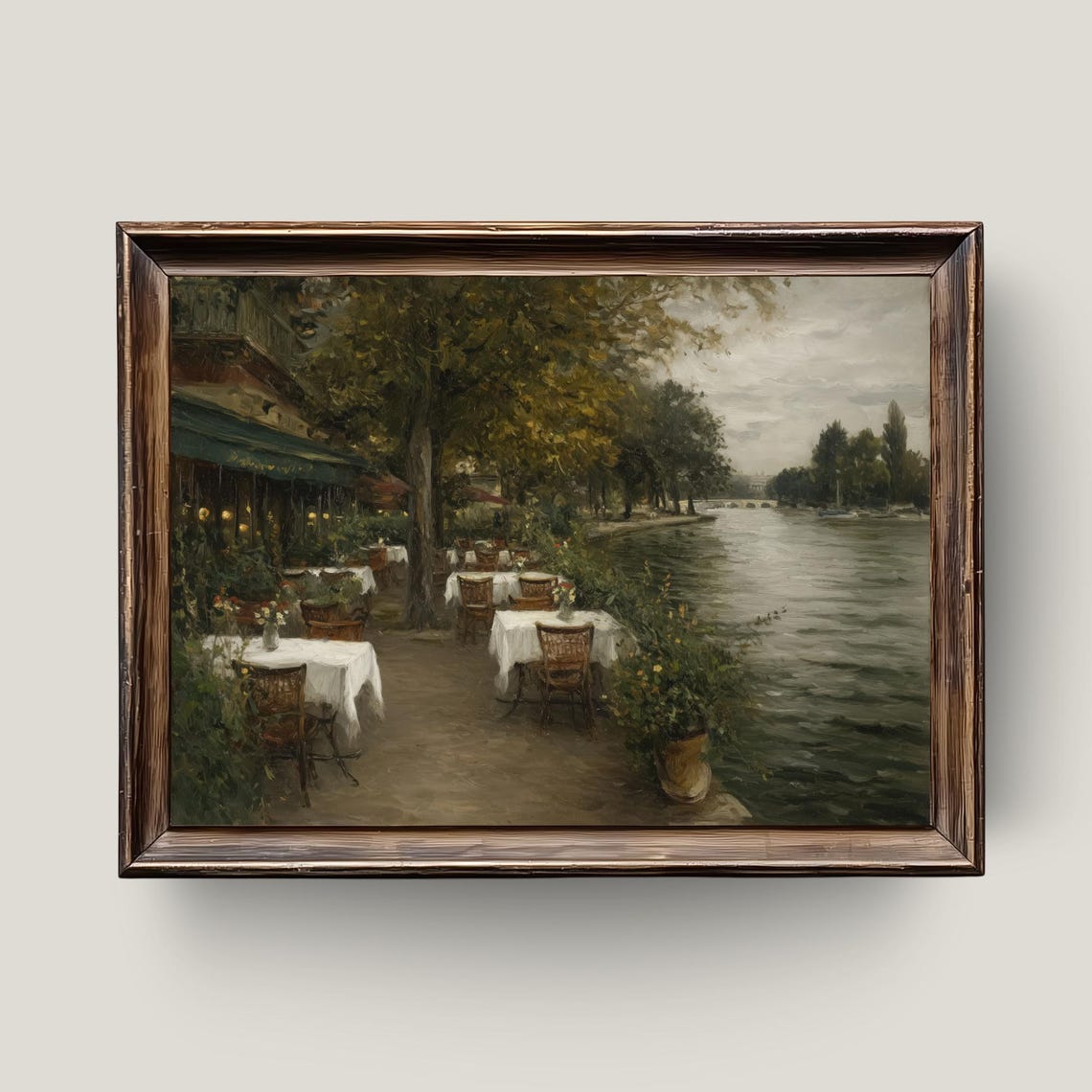 Vintage French Bistro Terrace Riverside Cafe Painting Poster