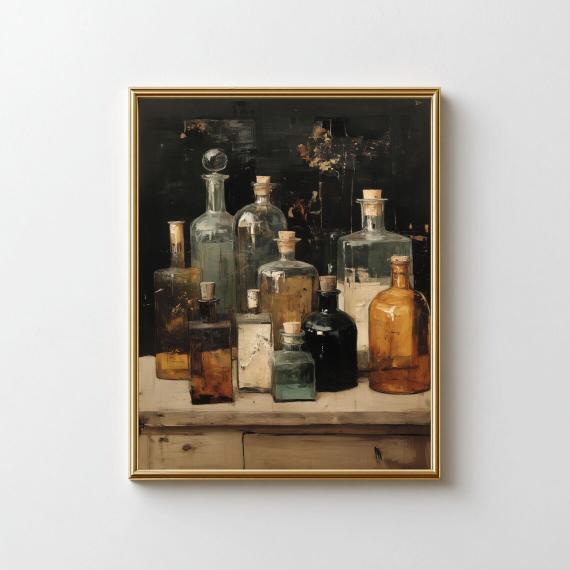 Vintage Apothecary Glass Bottle Still Life Rustic Antique Kitchen Wall Art