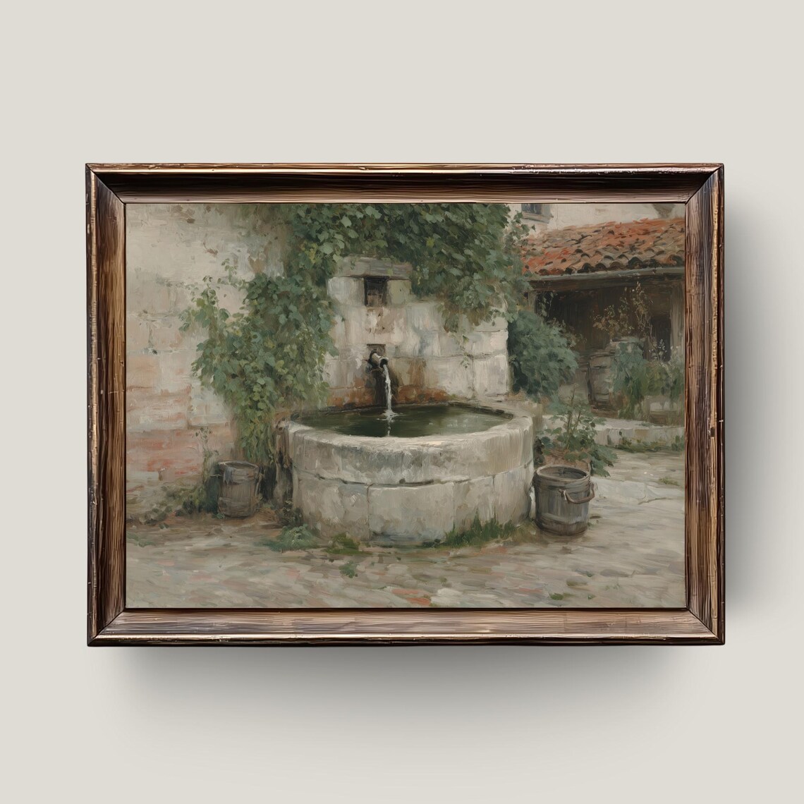 Old Stone Courtyard Fountain Ivy Covered Walls Rustic Oil Painting Print