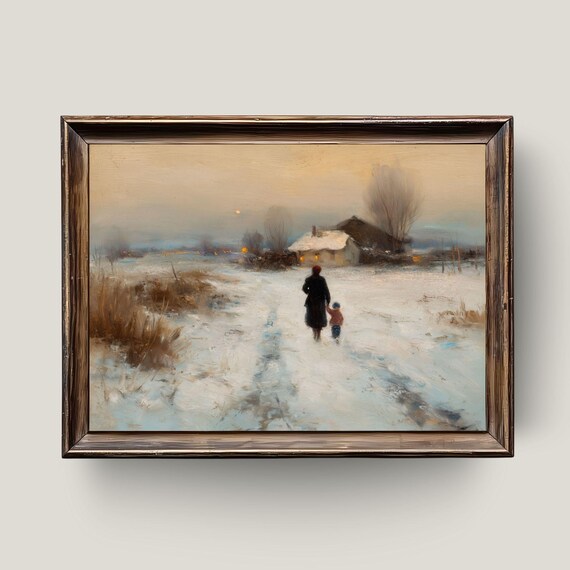 Winter Evening Walk Mother and Child Snowy Cottage Path Poster