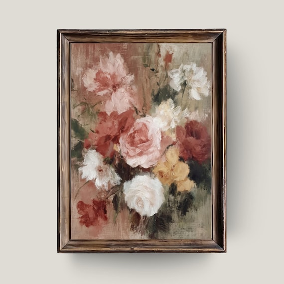Romantic Rose Bouquet Vintage Floral Wall Art Soft Still Life Painting Neutral Botanical Print