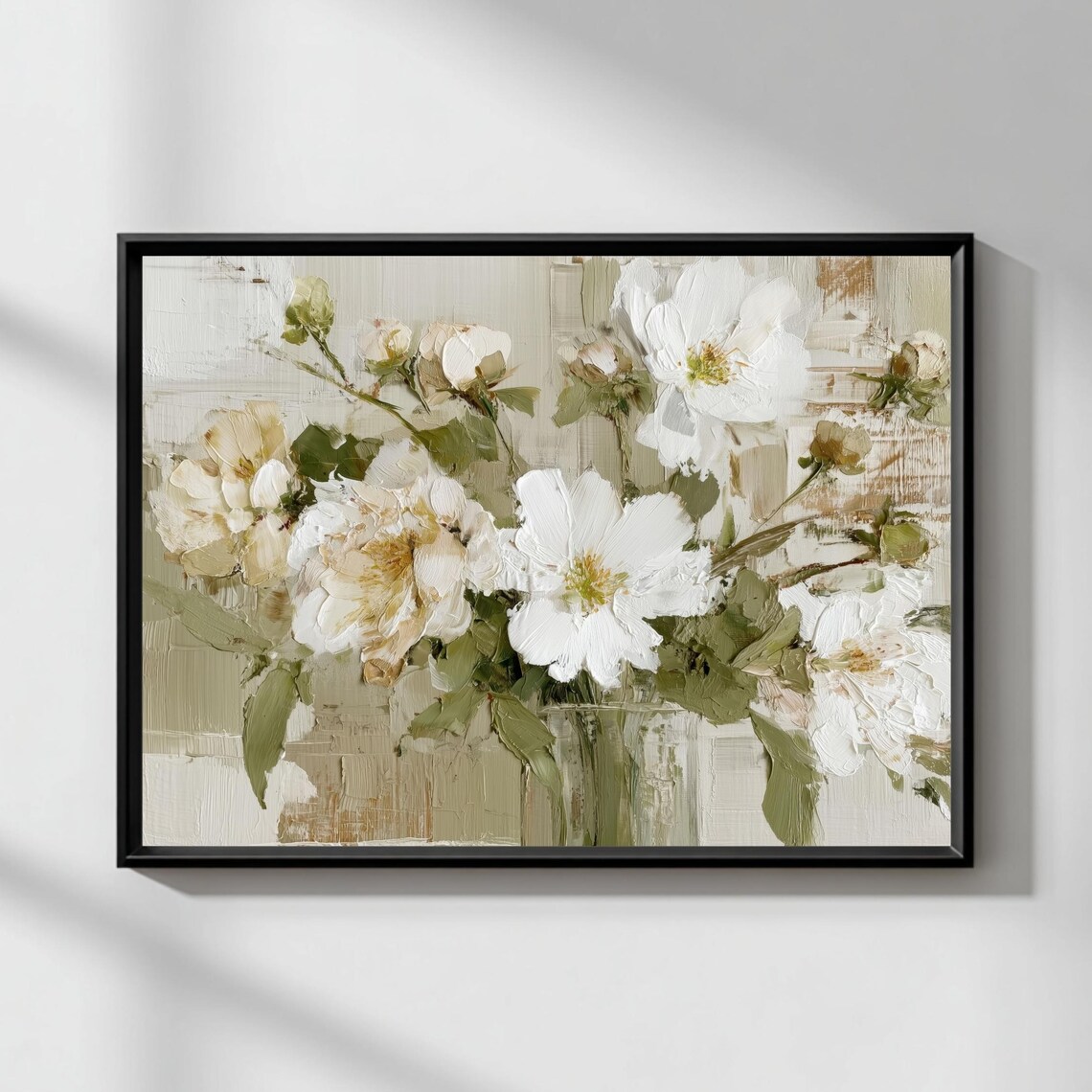 White Floral Impasto Painting, Neutral Botanical Art Print