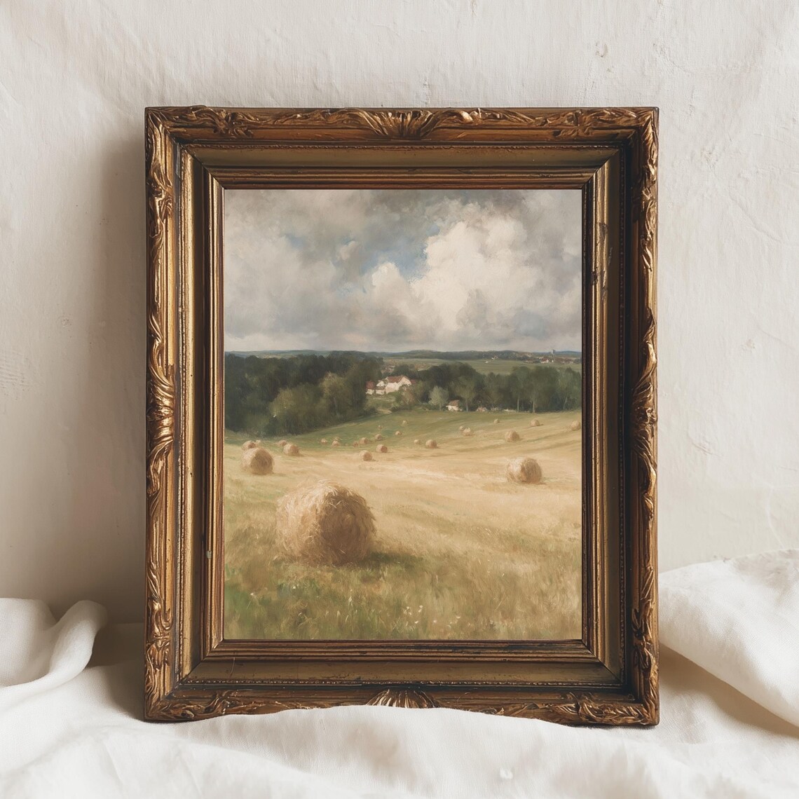 Golden Hay Field Summer Landscape Vintage Farmhouse Oil Painting Wall Art