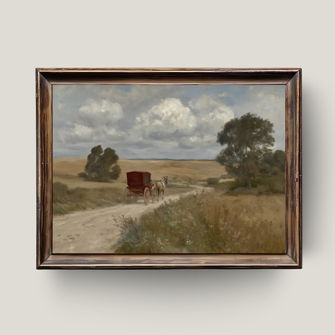 Red Horse Carriage Country Road Vintage Style Oil Painting Print