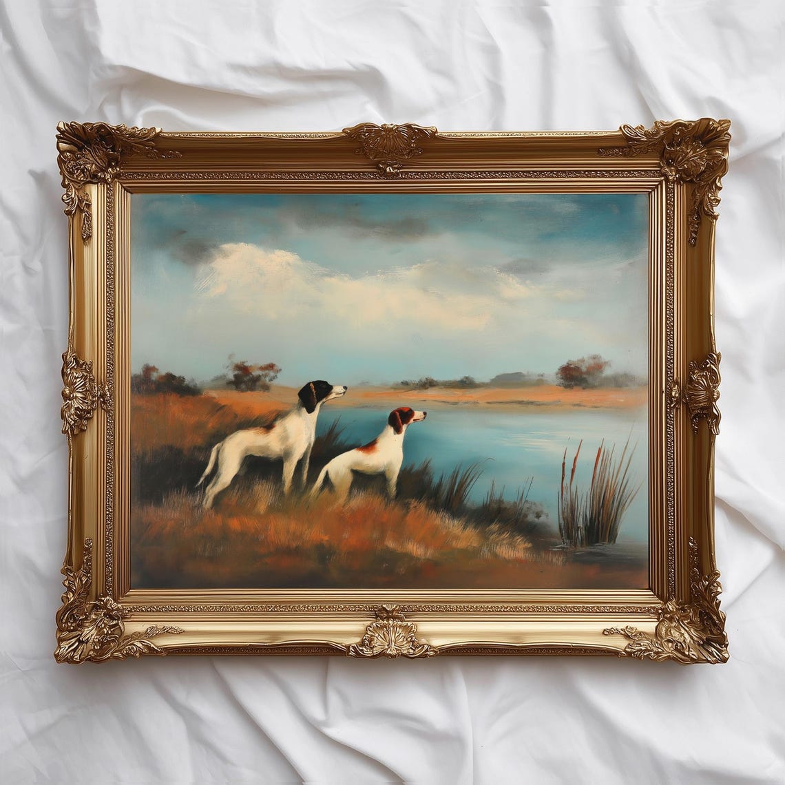 Hunting Dogs by the Lake Vintage Sporting Dog Oil Painting Print