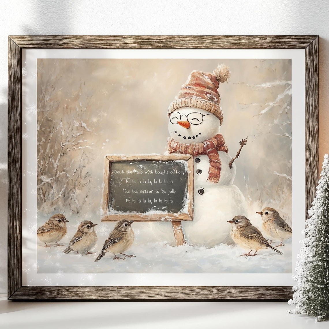 Snowman with Deck the Halls Chalkboard and Winter Birds Poster
