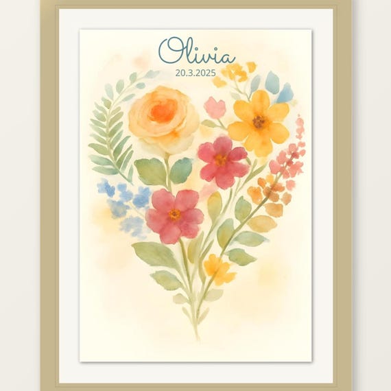 Personalized Floral Heart Nursery Print Baby Girl Watercolor Art