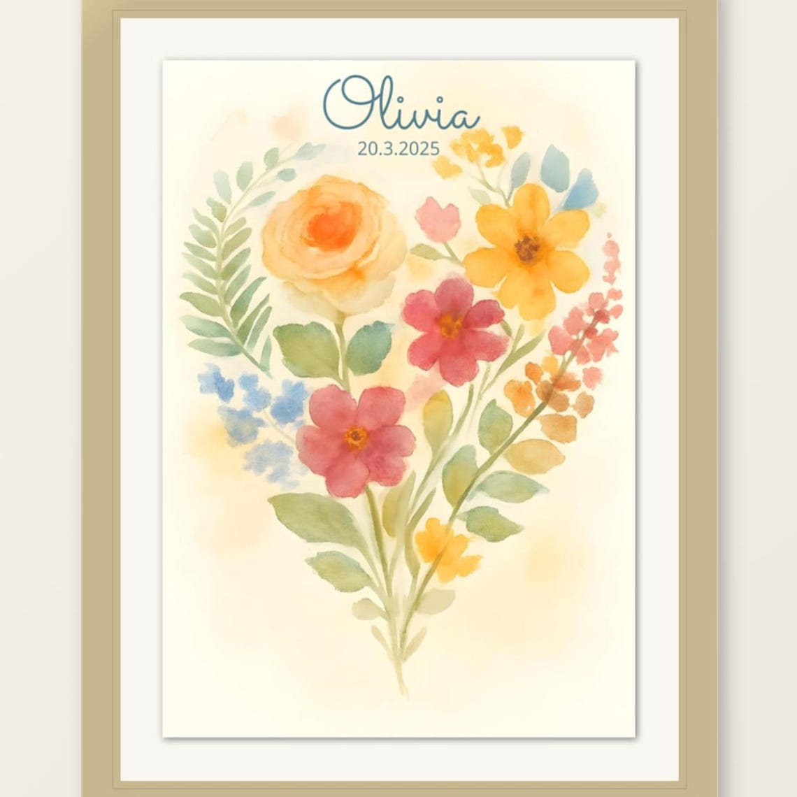 Olivia Floral Heart Watercolor Baby Girl Name Nursery Wall Poster