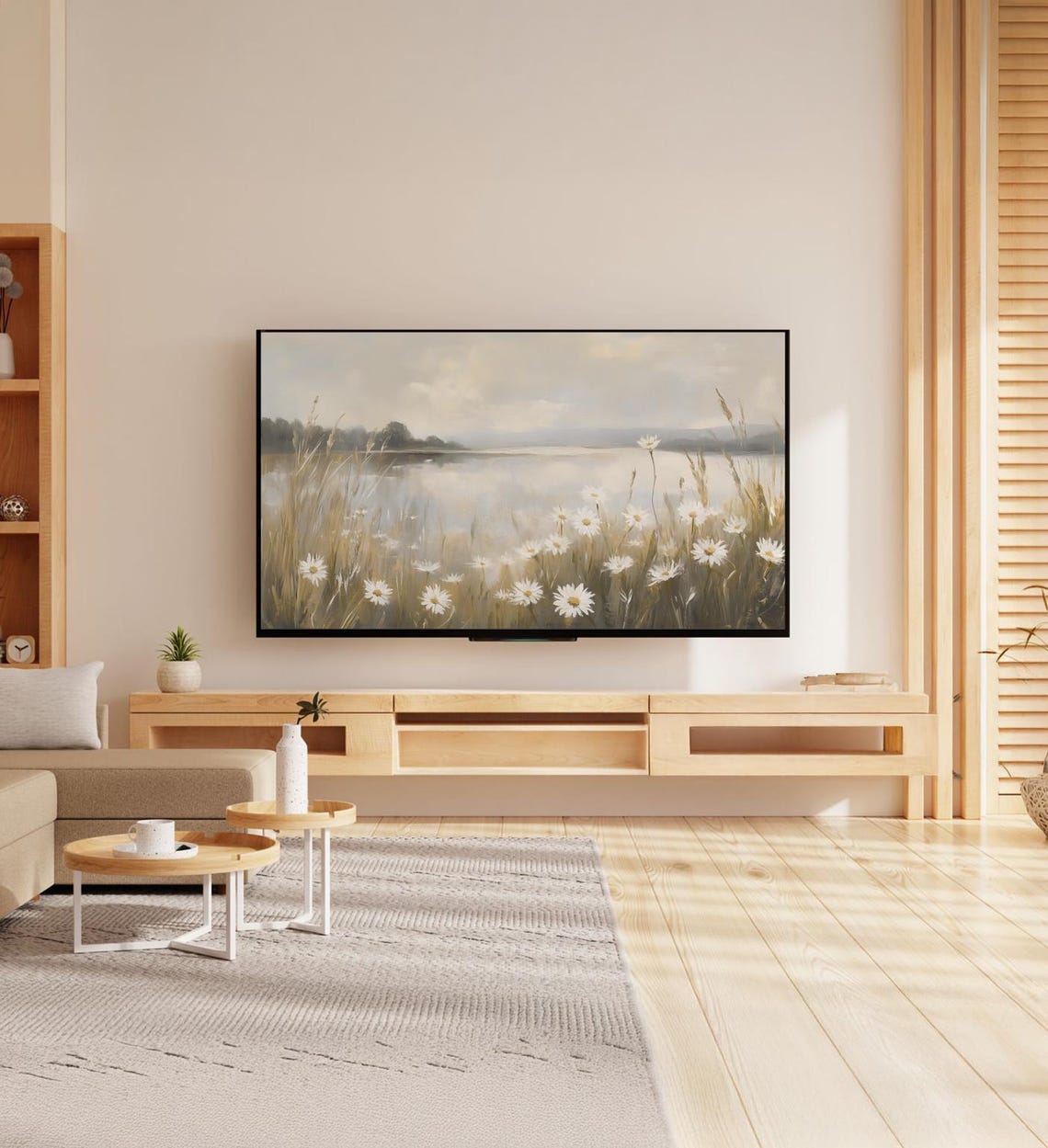 White Daisies By Misty Lake Morning Meadow Panoramic Floral Art Poster - Image 7