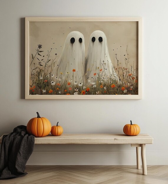 Vintage Cute Ghosts In Wildflower Meadow Print Moody Ghosts Autumn Decor Spooky Halloween Fall Painting Wall Art