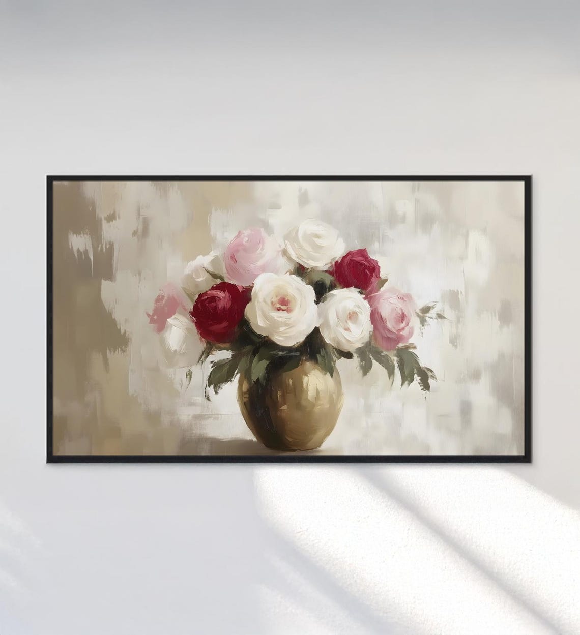 Red Pink White Roses Gold Vase Impressionistic Floral Art Poster - Image 3