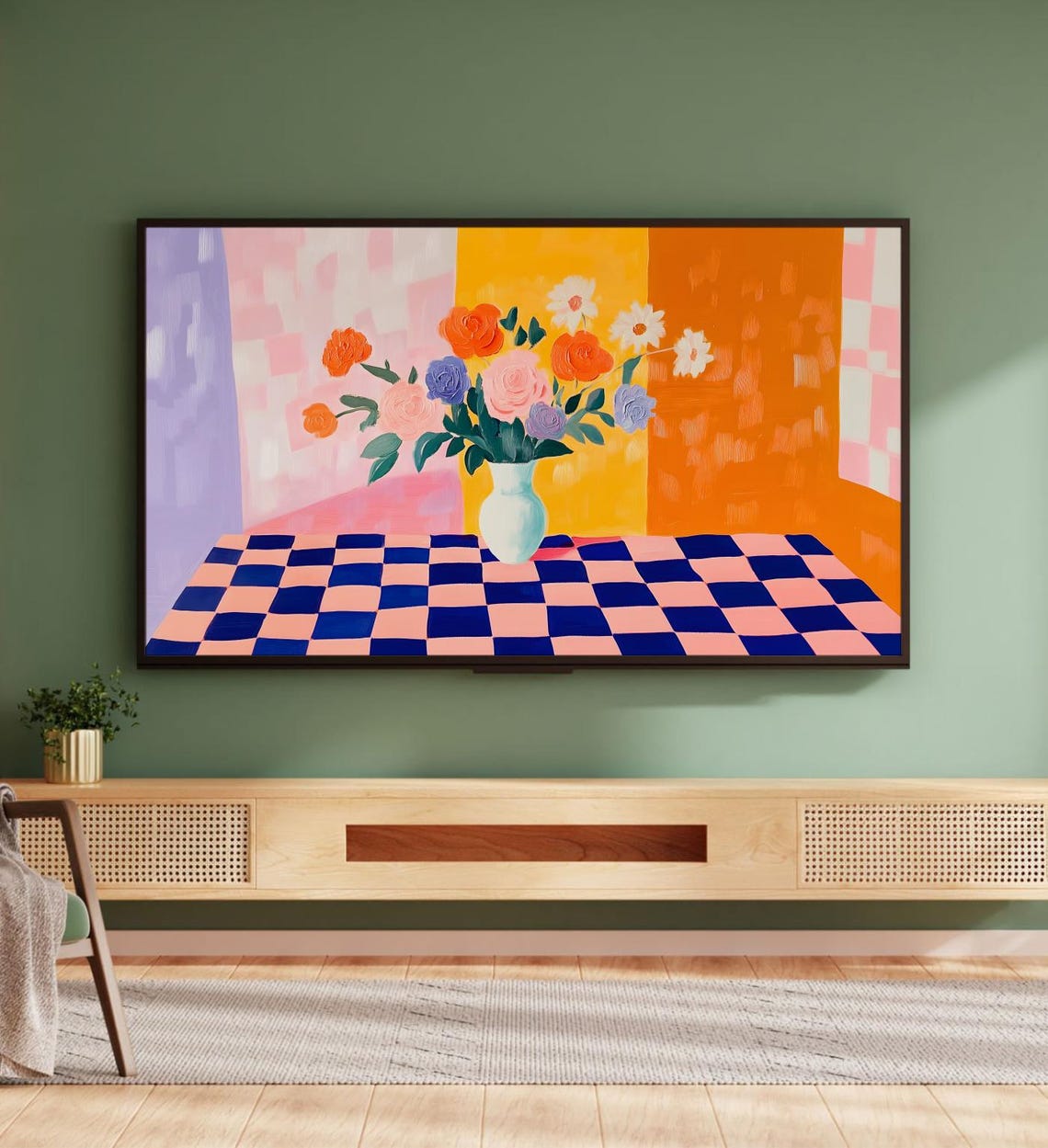 Colorful Flowers Vase Checkered Table Bold Modern Still Life Poster - Image 5